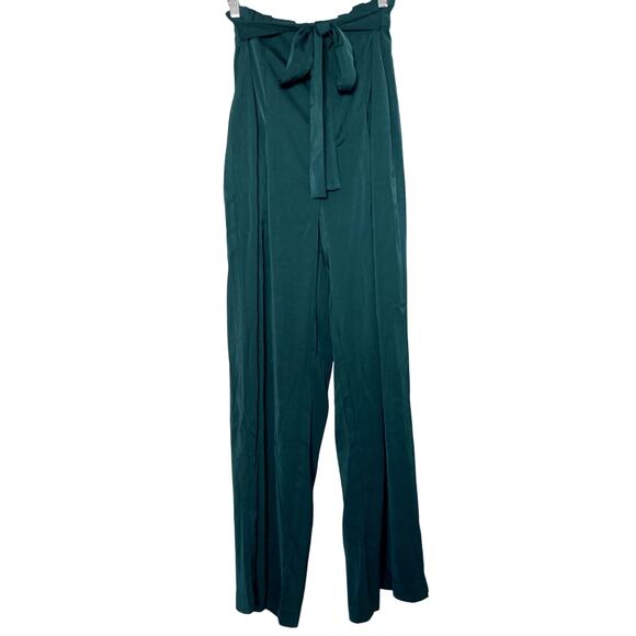 On Twelfth Self Tie Belted Wide Leg Satin Palazzo Pants - Green - Medium - Picture 1 of 6